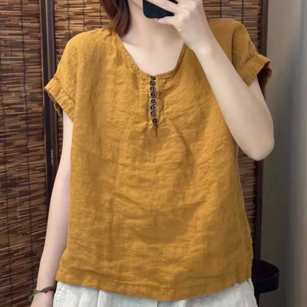 时尚宽松半扣亚麻炒色圆领T恤  长60胸围122