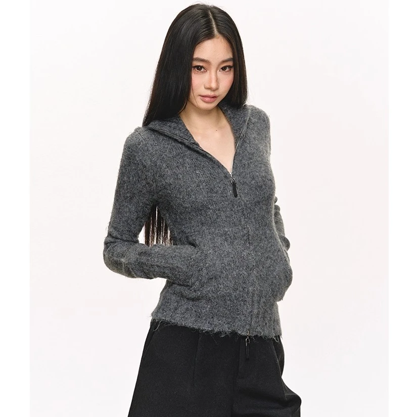 anna aneae羊驼毛高领毛衣外套女早秋季新款灰色短款拉链针织开衫
