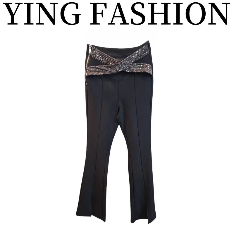 【YING FASHION】莹老板-时尚百搭腰头交叉带钻西装裤 8120102 479