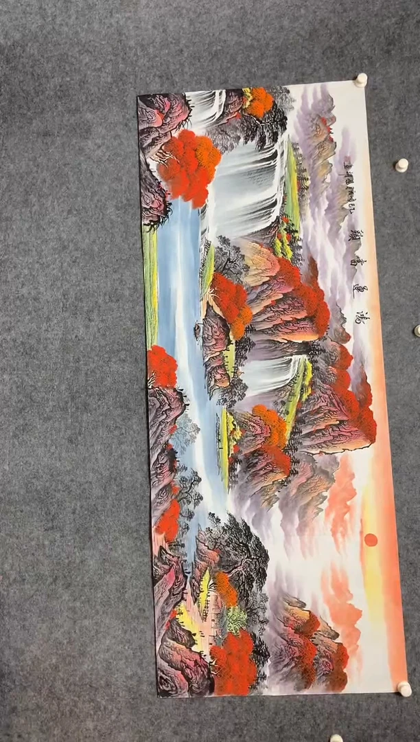 横款精品红山水鸿运当头尺寸180*70