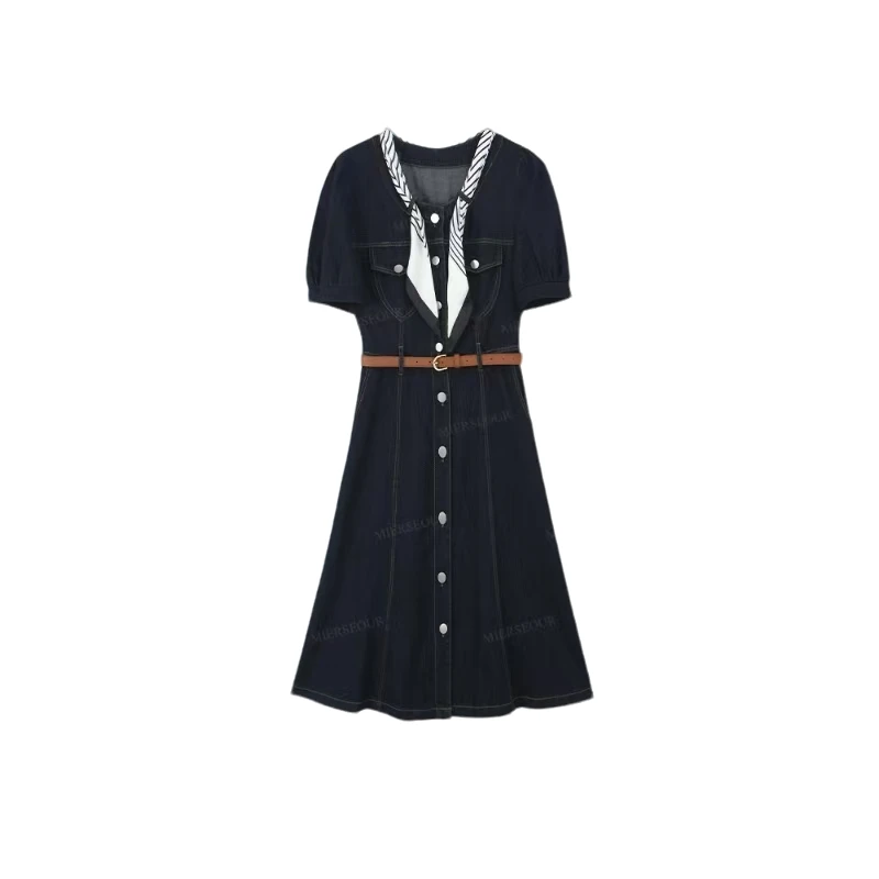 【封后轻奢设计】【松弛漫旅】法式复古丝巾牛仔连衣裙1529