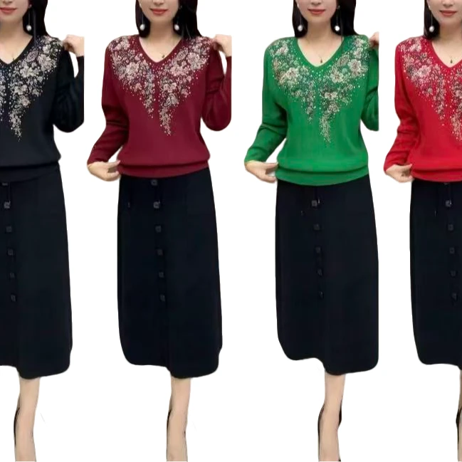 时尚新款休闲重工彩钻优雅洋气女士针织衫