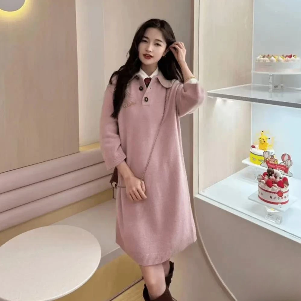 【专柜品质】秋冬气质宽松慵懒风翻领显瘦针织连衣裙1599030