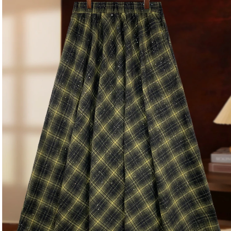 【夏夏】格子毛呢半裙洒银2025秋冬新款复古高腰橄榄绿中长裙D8088