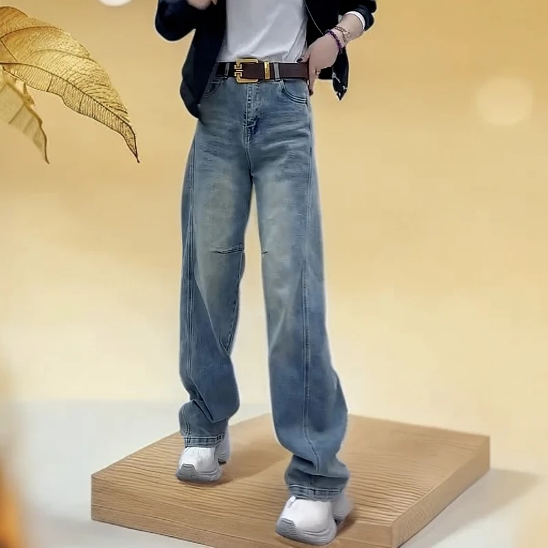2025早春新款设计感高腰显瘦牛仔裤时尚百搭阔腿宽松弯刀裤