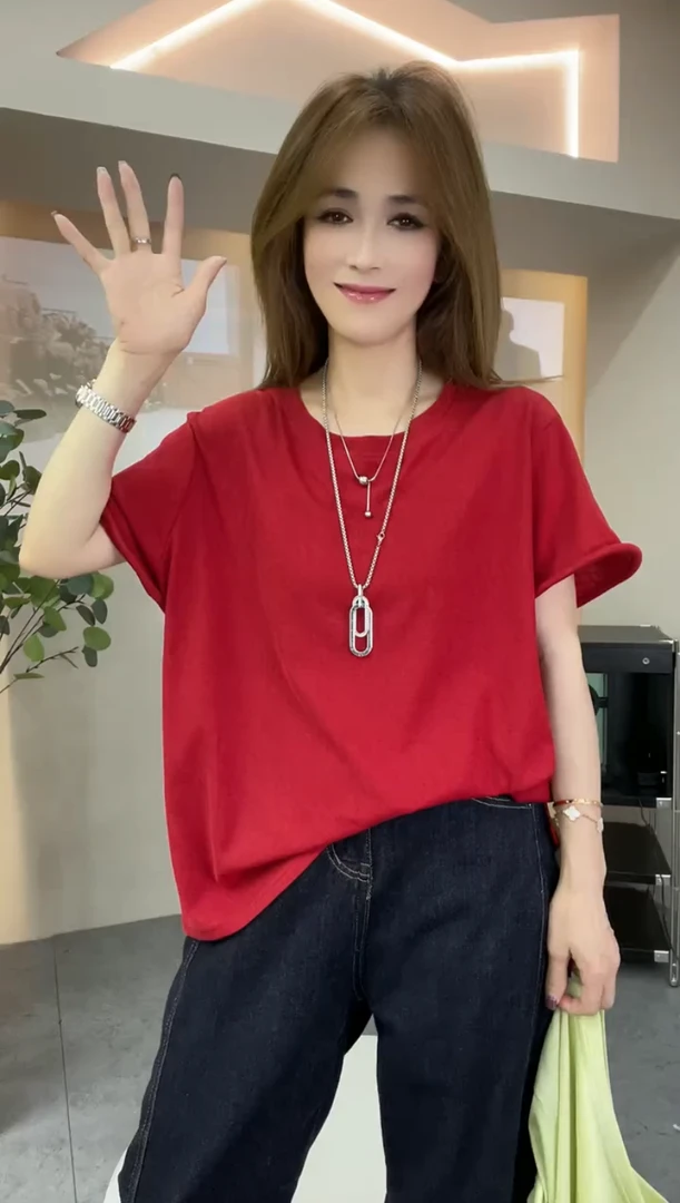 纯色短袖T恤女2025春夏新款宽松显瘦圆领设计感小众上衣