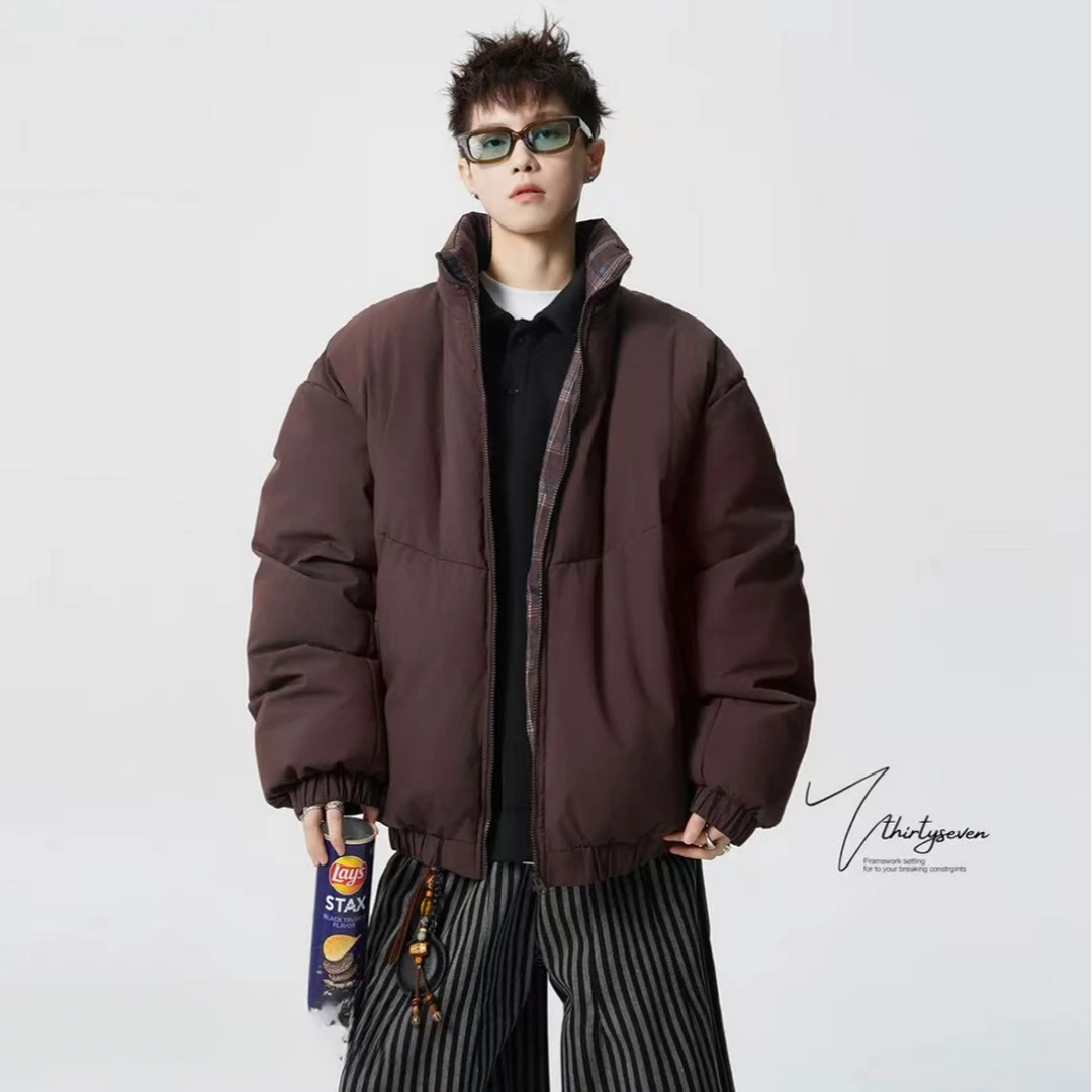 OXR美式cleanfit吐司方格面包服男冬季高街复古立领棉衣加厚外套