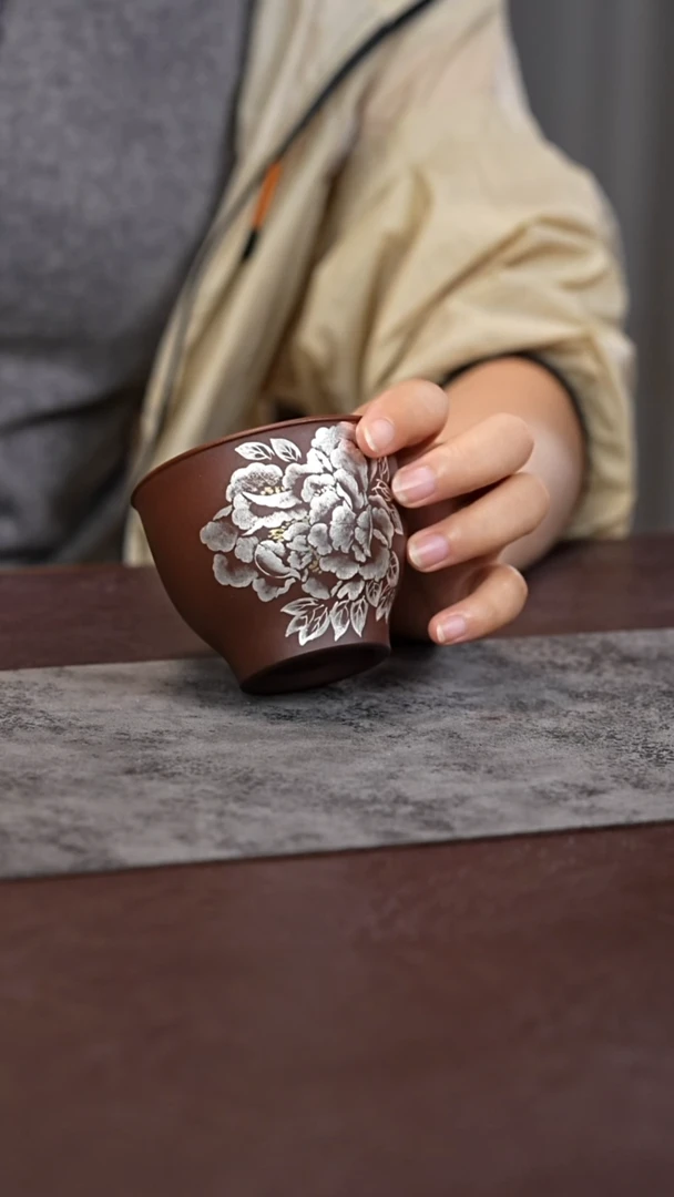 茶杯紫砂柴烧 银绘牡丹 主人杯