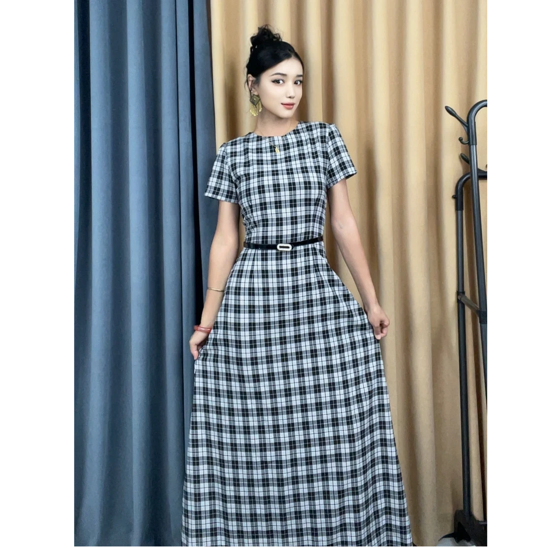 夏季常规法式中长裙格纹格子千鸟格旗袍连衣裙圆领
