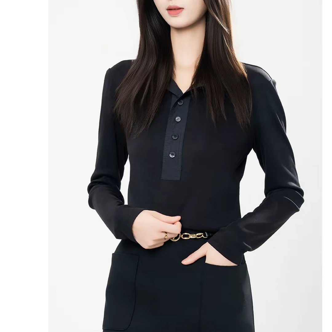 AMASS/阿玛施夏季新款纯色拼接女长袖修身气质复古530067