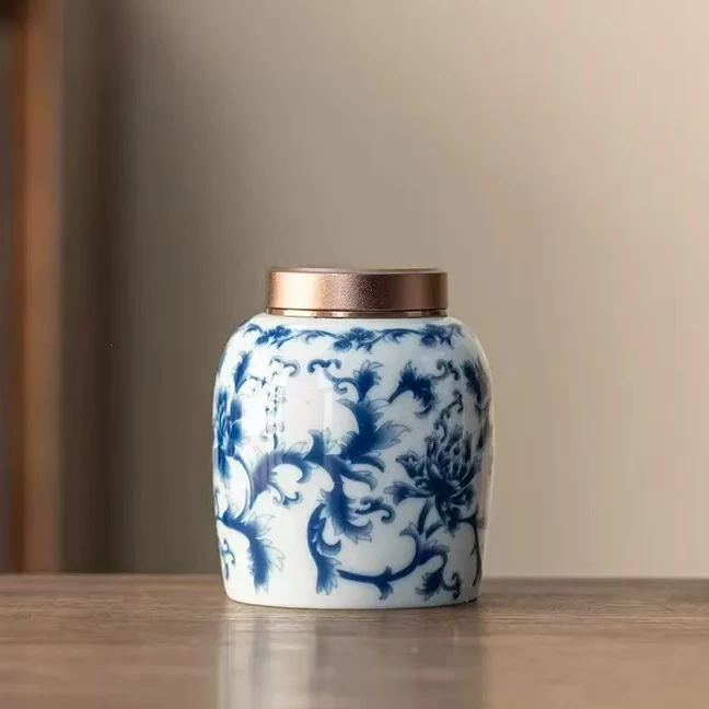 【乌金日专享福利】普洱方总茶仓迷你青花陶瓷茶叶储存罐