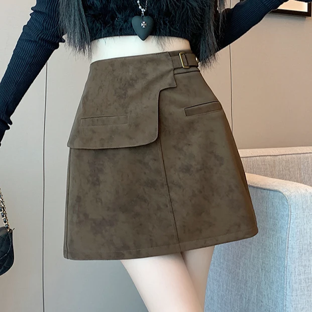 重工时尚洋气丝绒皮半身裙女2025秋冬新款百搭显瘦韩版A字短裙子