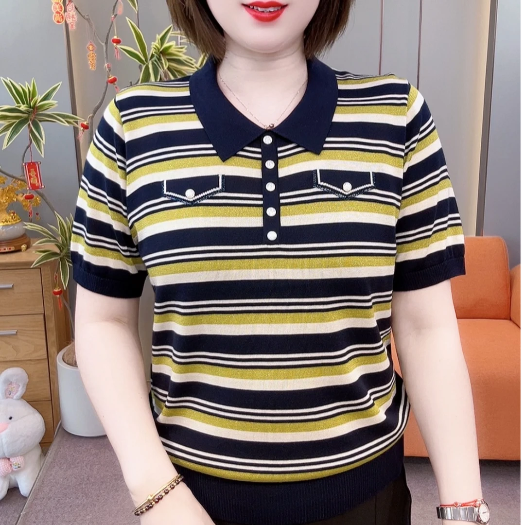 2025 夏季新款小翻领天丝条纹半袖26009