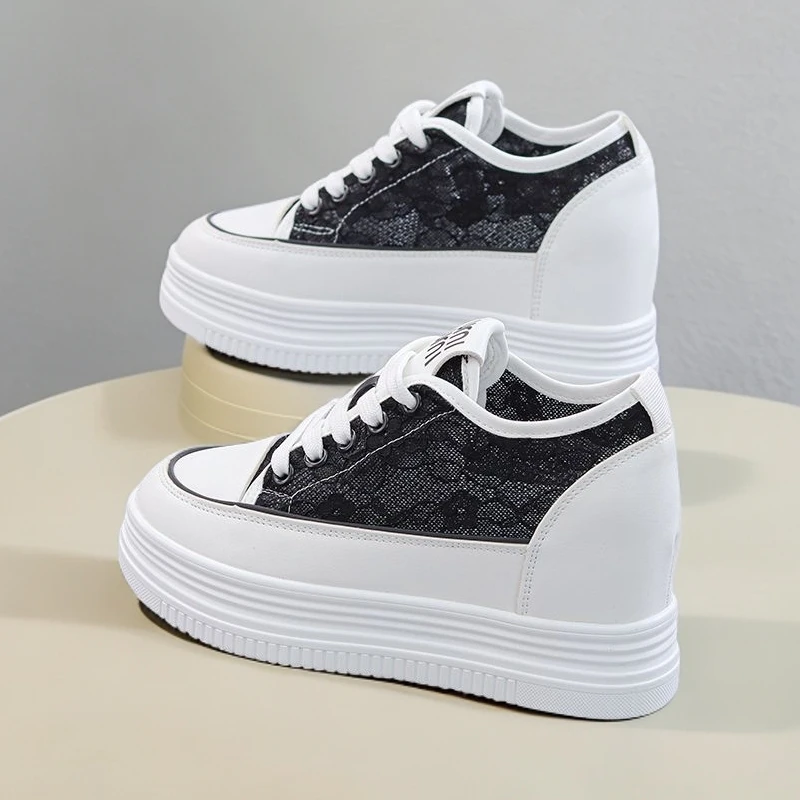 跟高7cm夏季蕾丝网面小白鞋新款松糕厚底小个子内增高厚底休闲鞋