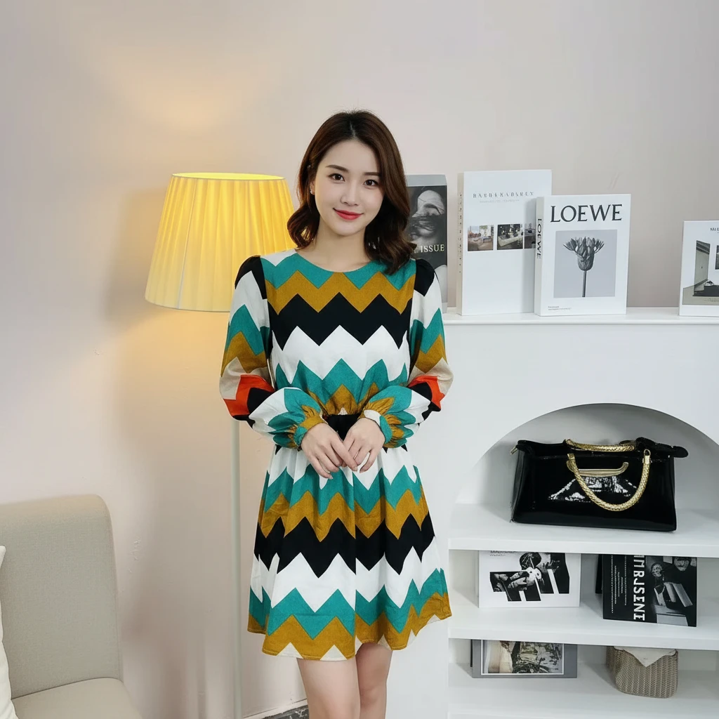 706#圆领格子韩版中国风连衣裙百搭套头宽松印花休闲