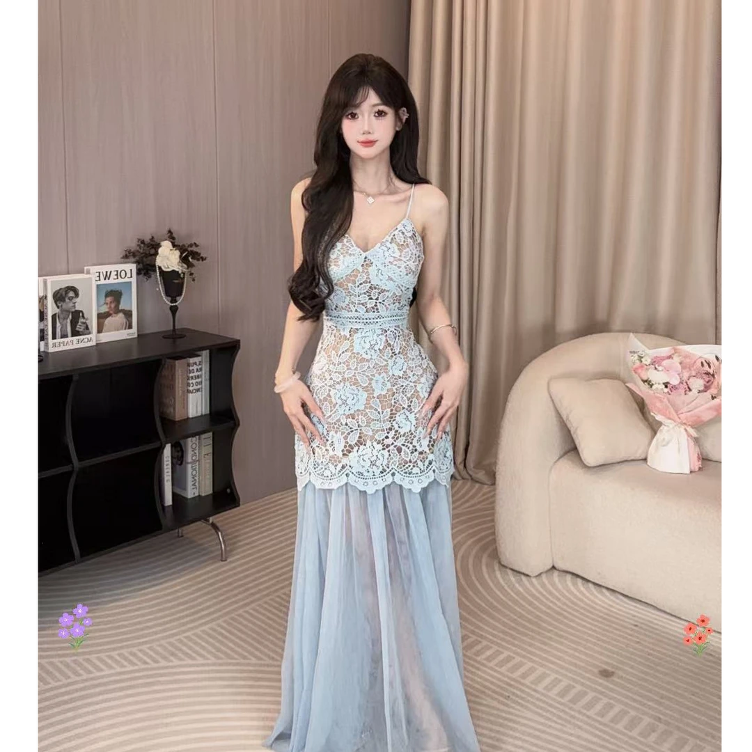 9242-NOWNOW工作室夏季蕾丝拼接下摆可拆卸吊带网纱连衣裙