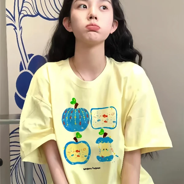 纯棉奶黄色短袖t恤女2025新款爆款正肩设计感小众美式宽松上衣潮