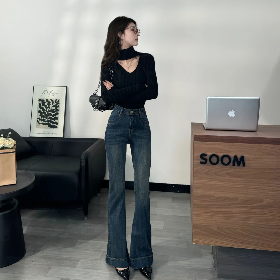 SOOM小个子春季新款复古显瘦高腰宽松微喇百搭休闲牛仔裤#2371