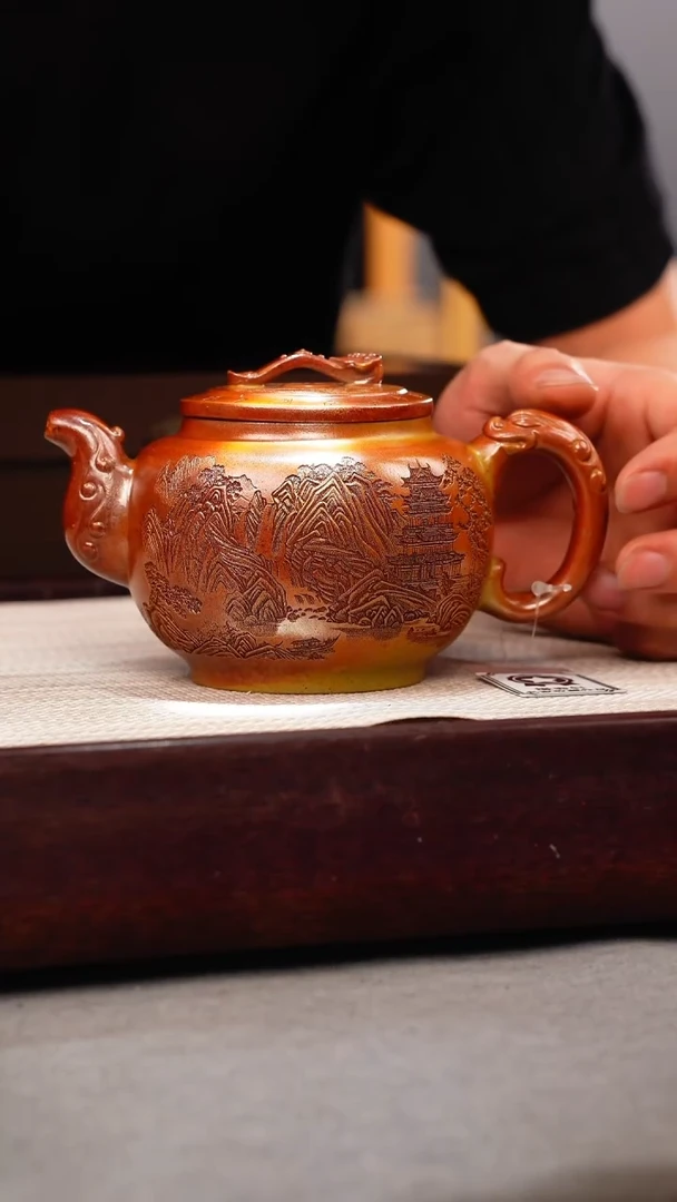 茶壶紫砂火云烧 如意鼓壶 刻绘