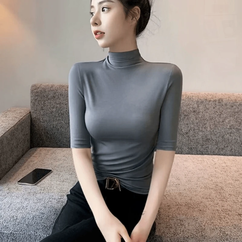 2024款春秋季半高领中袖打底衫女2024新款大码内搭修身五分袖上衣