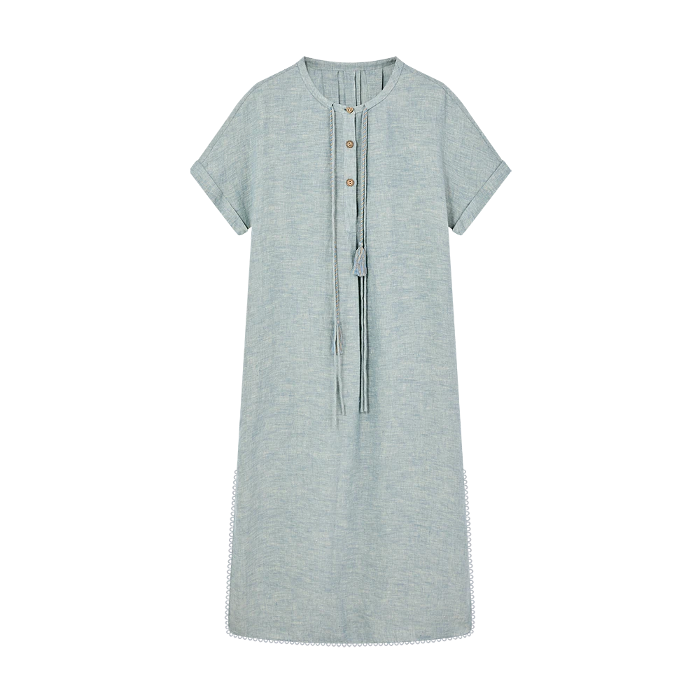 2025新款女士中长款短袖连衣裙亚麻汉麻舒适透气