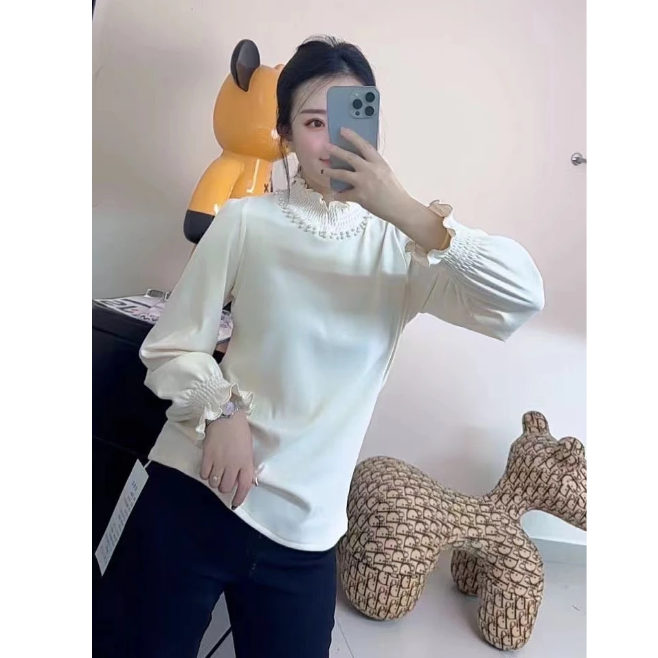 大菲菲家大码T恤长袖慵懒风钉珠新款上衣001-1