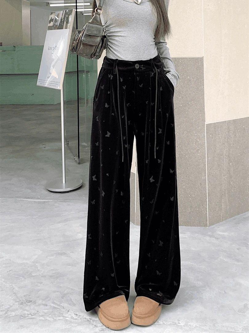 루루가−  (春意)蝴蝶烫花秋季垂感宽松高腰直筒阔腿裤黑色丝绒丝绒裤