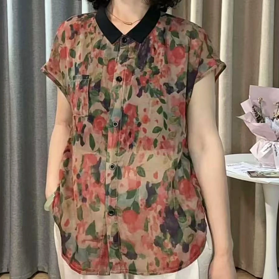 夏季印花小衫洋气显瘦翻领休闲大码超薄气质时尚百搭2598
