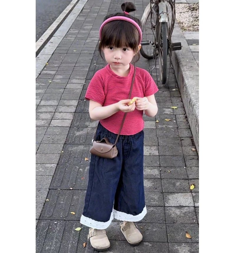 女童短袖套装夏季新款洋气女宝宝牛仔阔腿裤百搭时尚两件套