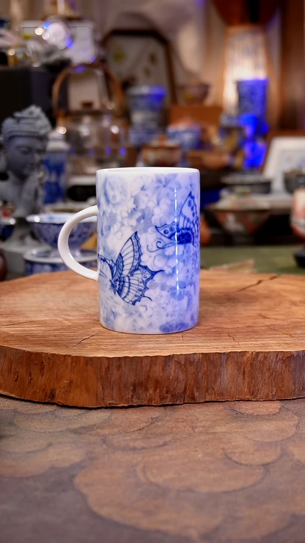 杯子白泥万花 青花淡描手工手绘手工手绘