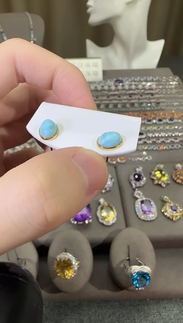 银S925镶嵌针钠钙石（海纹石）耳饰9*7mm耳钉简约款