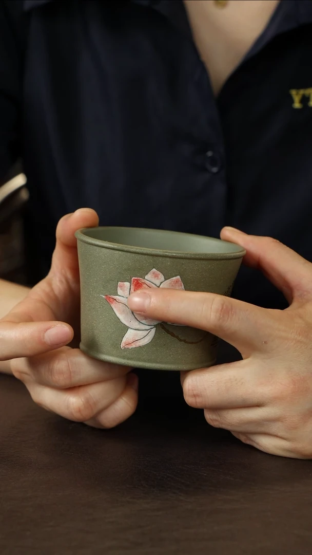 茶杯紫砂豆青泥吉祥如意把杯约150cc