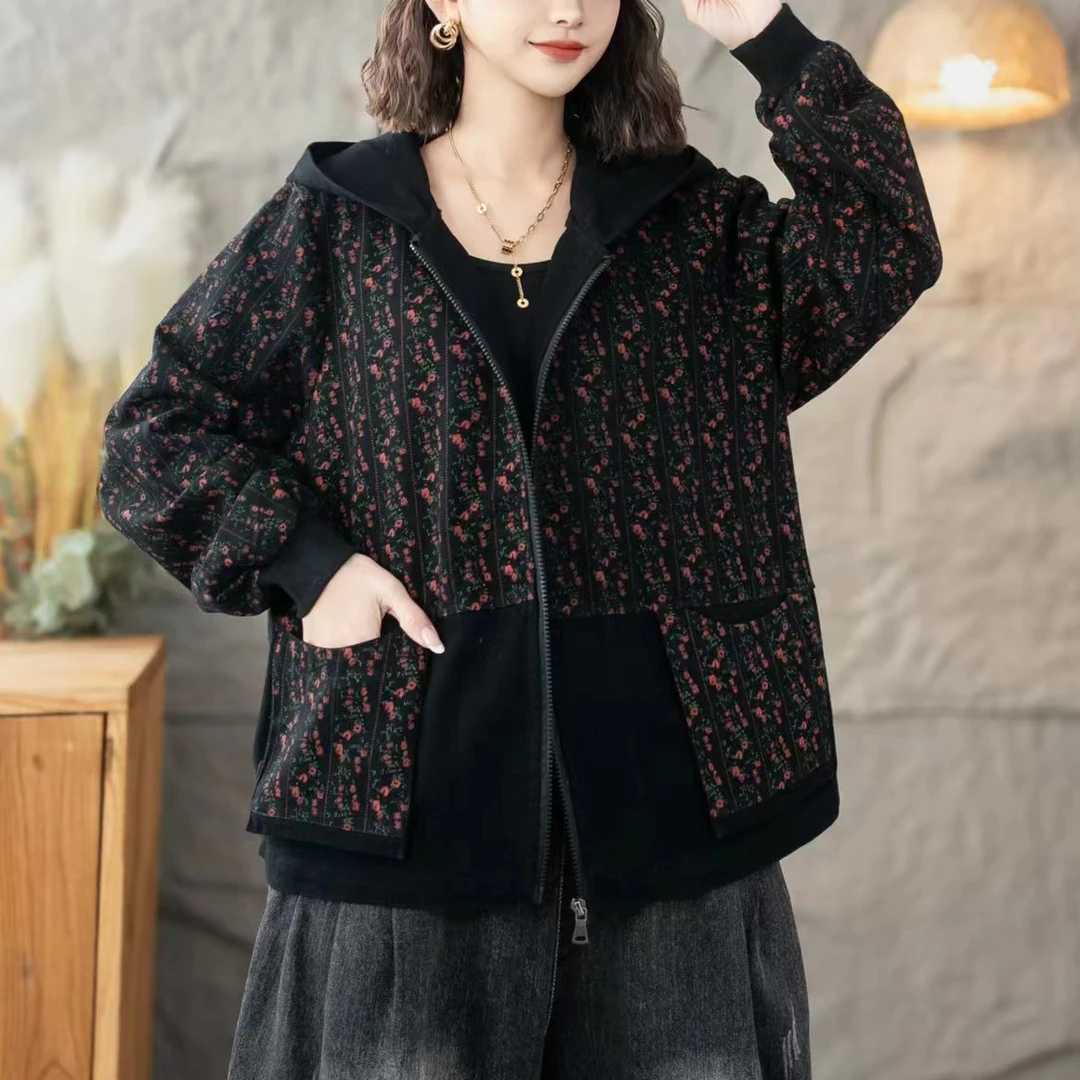 635新款春秋复古宽松印花开衫女洋气时尚休闲百搭牛仔外套连帽