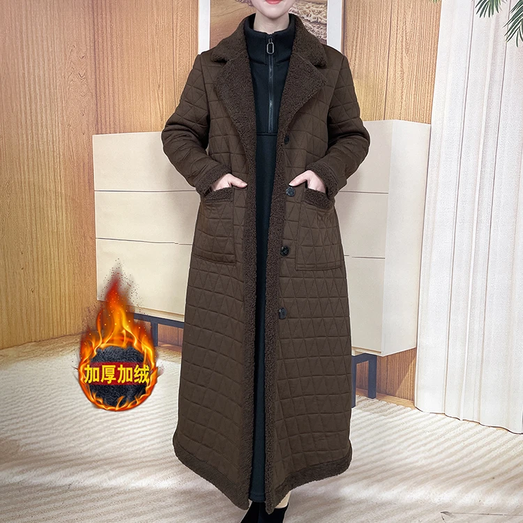 冬季新款加绒加厚纯色翻领气质长款大衣妈妈装保暖显瘦棉衣25118