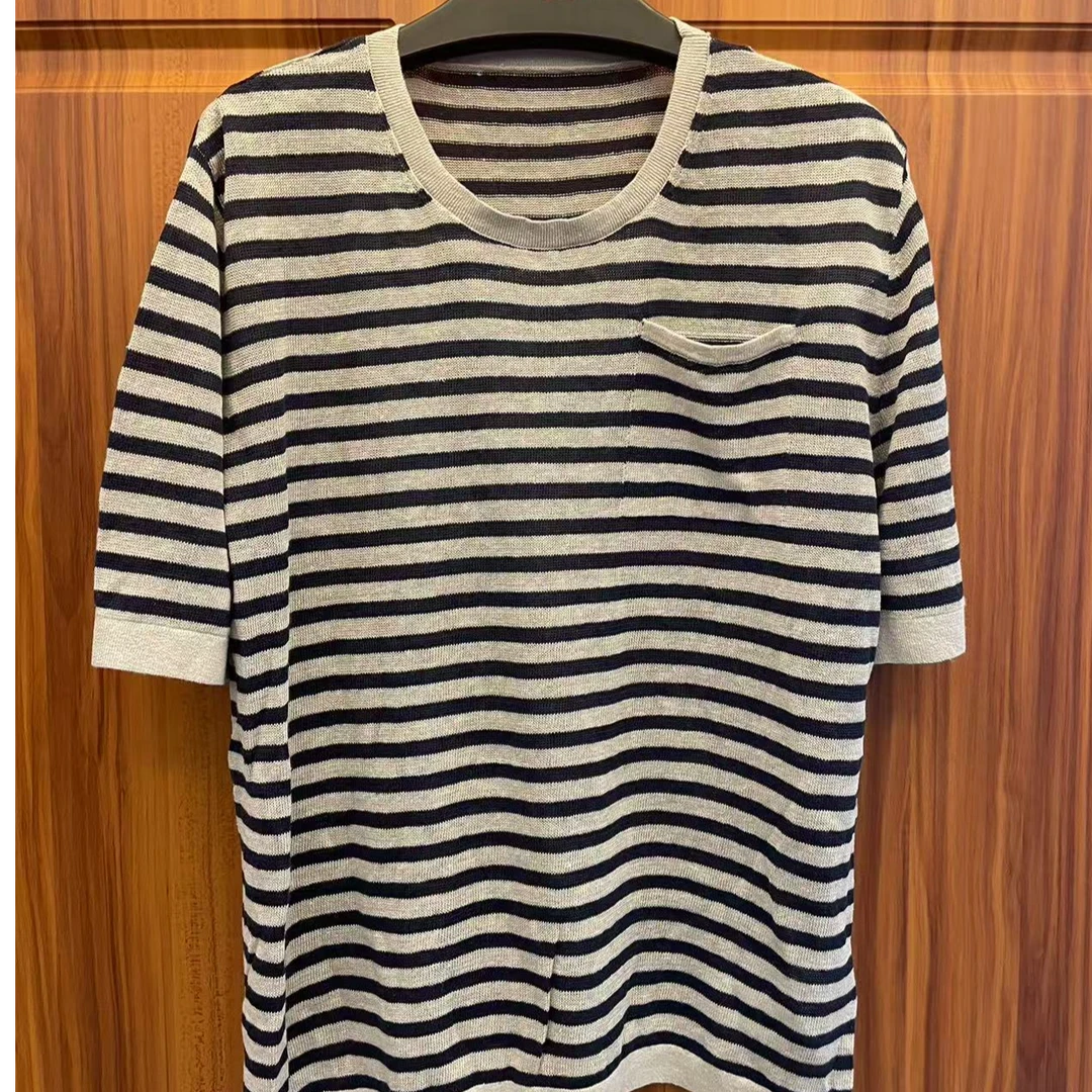 【50玫瑰】高级麻料女短袖针织衫春季针织上衣中袖圆领休闲条纹