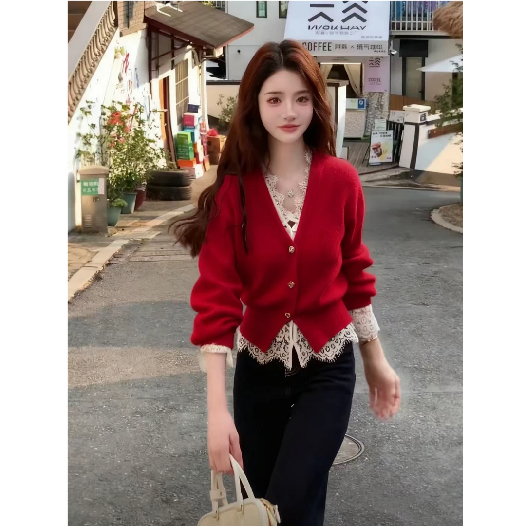 温柔风假两件气质v领针织衫毛衣秋季新款蕾丝叠穿显瘦上衣#9168