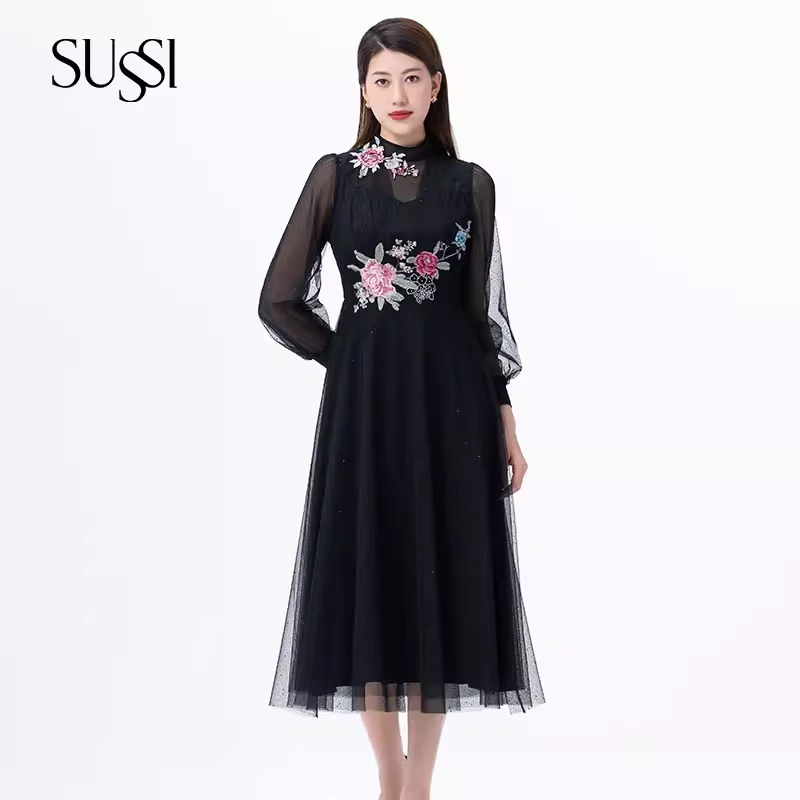 SUSSI/古色24秋商场同款刺绣贴钻网纱圆领短袖连衣裙女