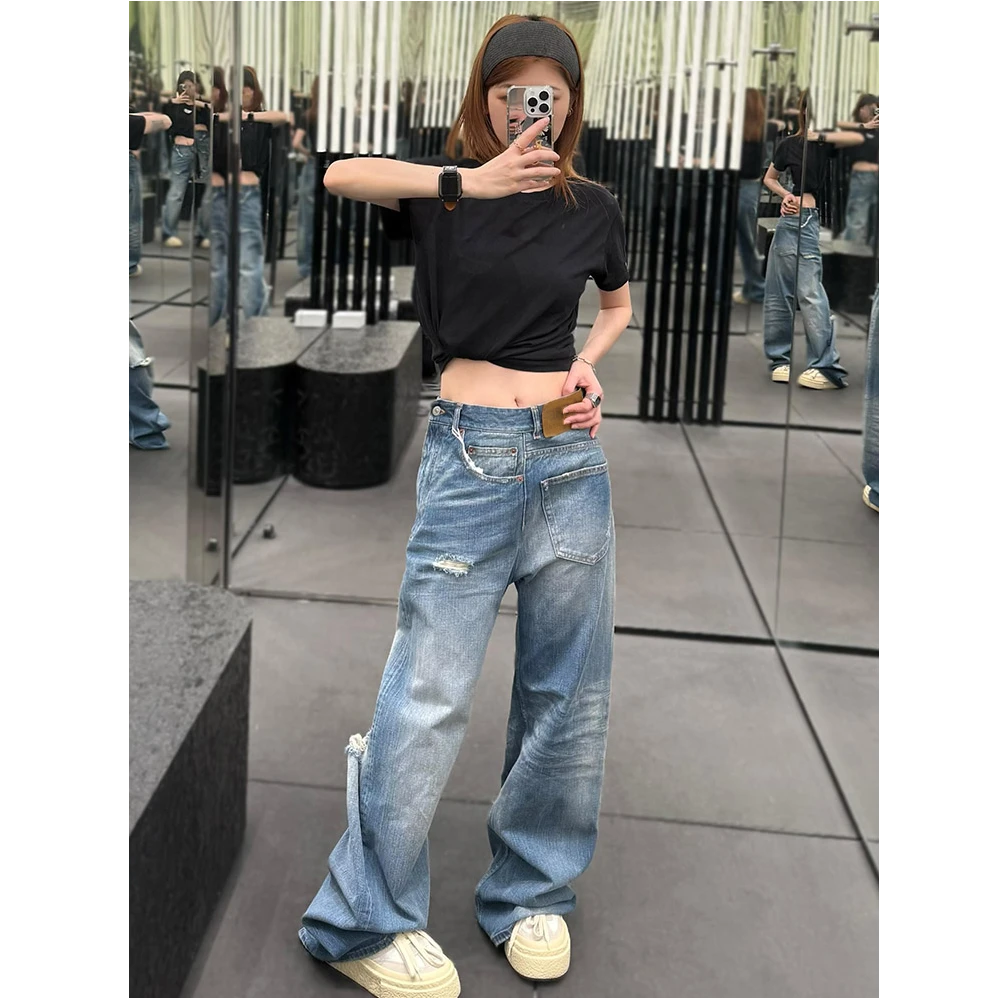 临典临典错位破洞牛仔裤女2025春季新款复古设计感高腰直筒阔腿裤