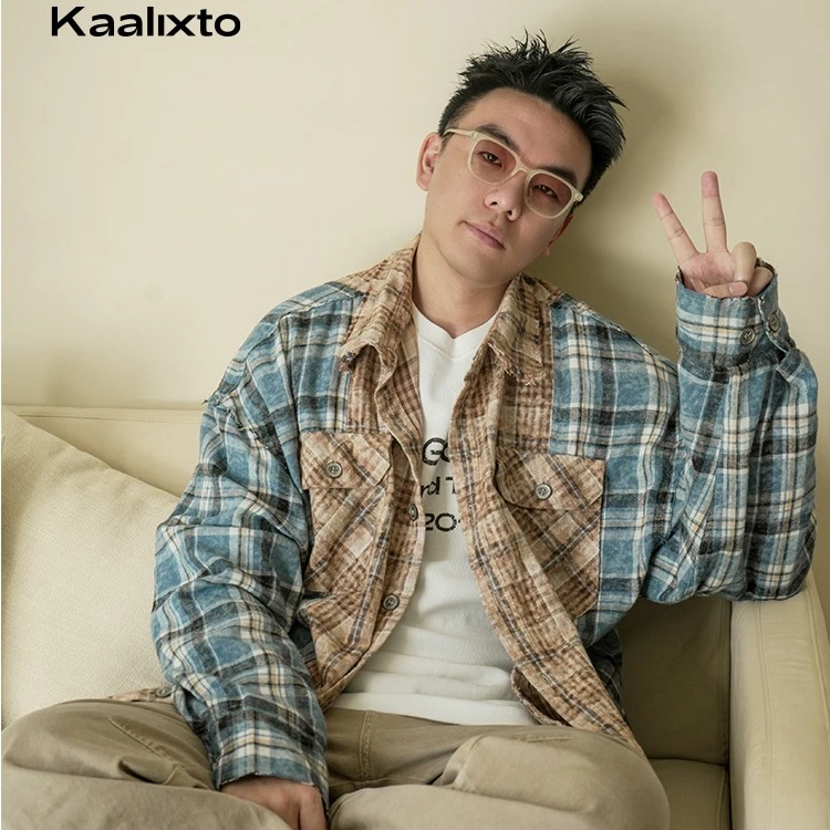 Kaalixto长袖纽扣慵懒春季双拼格子衬衫上衣