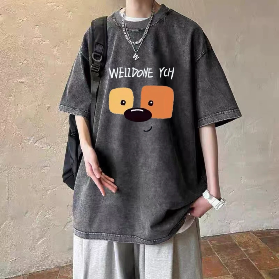 夏季纯棉短袖t恤男女同款潮牌小众设计感印花复古做旧上衣打底衫