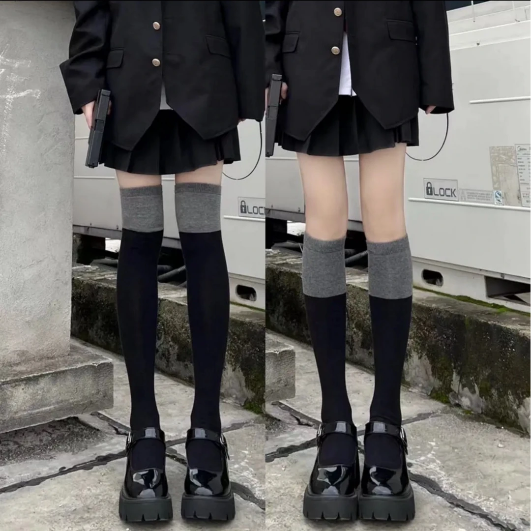 【分段式压力显瘦】长筒袜过膝袜春秋款黑灰拼接学院风JK小腿袜塑腿