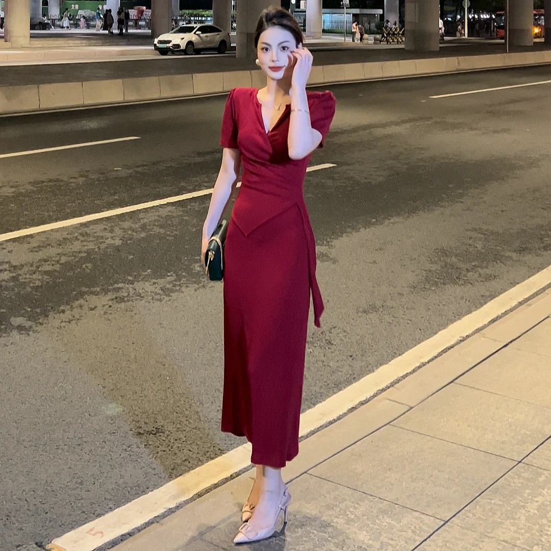 新款短袖气质高腰连衣裙压褶显瘦纯色修身直筒裙优雅时尚长裙女