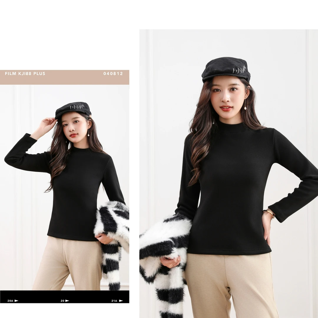 百搭中领打底衫女秋冬加绒修身内搭上衣2024年新款保暖两件装