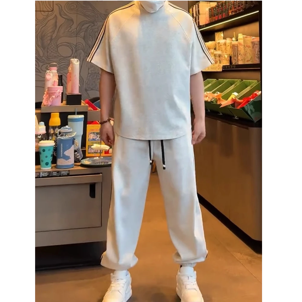 春夏男士新款宽松短袖条纹休闲运动套装时尚T恤哈伦束脚裤两件套