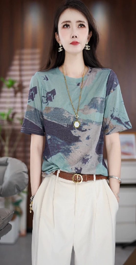 Y180新款时尚百搭气质宽松减龄短袖上衣-悠悠
