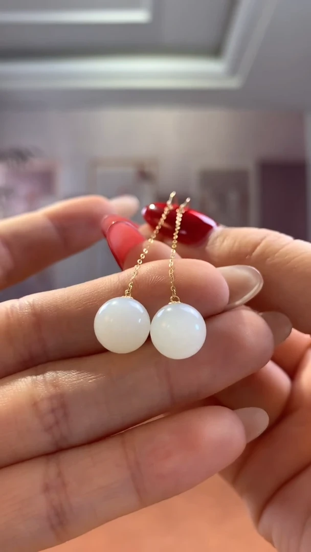 和田玉18K金镶嵌挂件白玉金镶耳线