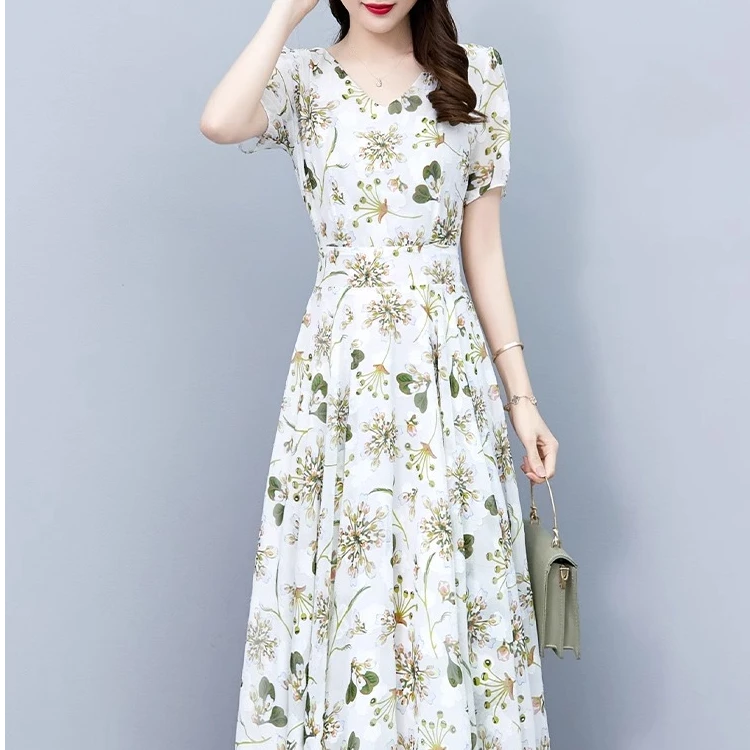 碎花雪纺连衣裙子女士夏季2025年新款高端大码遮肉显瘦气质中长裙