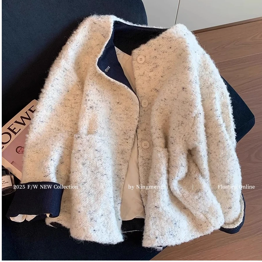 撞色拼接毛呢外套女装2025年秋冬新款高级感时髦气质百搭显瘦上衣