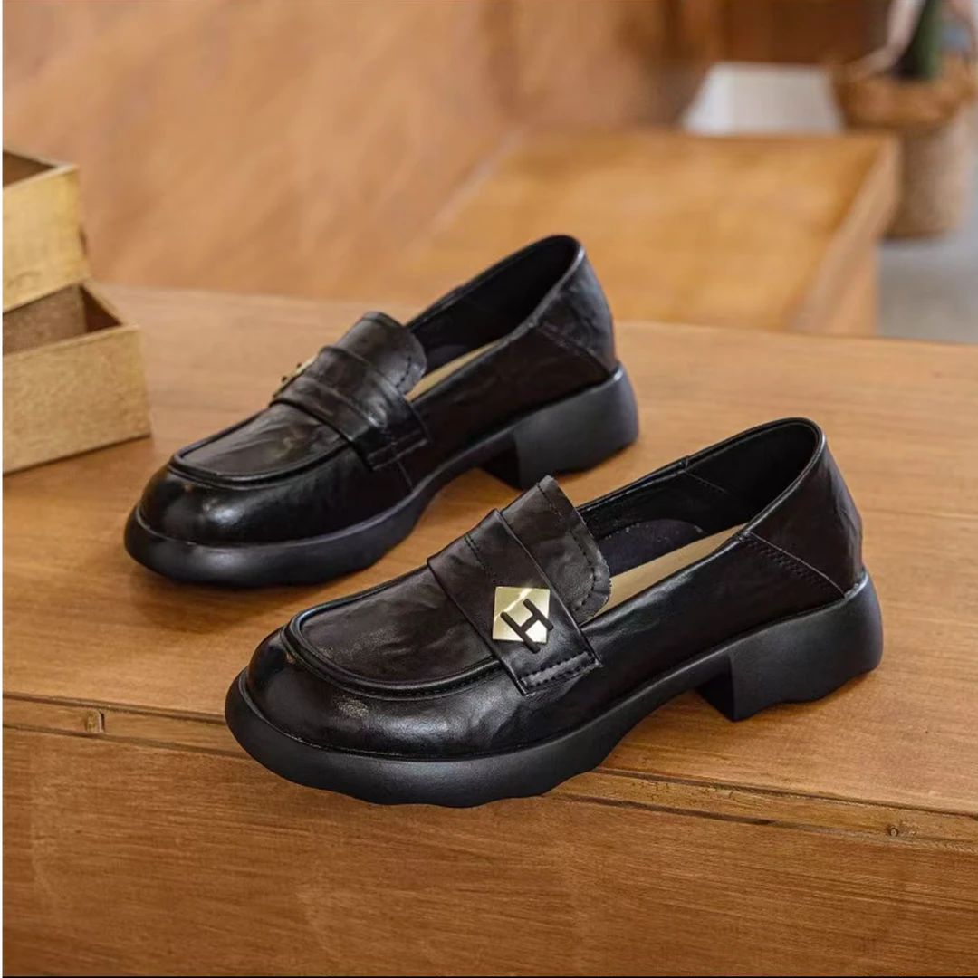 S800粗跟圆头英伦厚底一脚蹬乐福鞋女鞋牛仔风慵懒风