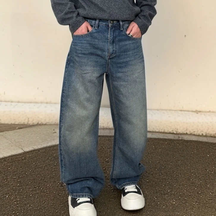 冬季（内里植绒）加厚宽松弯刀高级复古蓝时尚休闲百搭直筒男牛仔裤